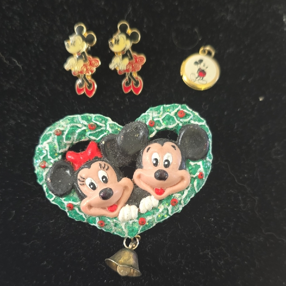 Mickey and Minnie Heart Brooch, Earrings, & Locket Set